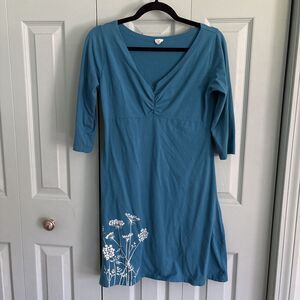 Global Girlfriend Teal V-Neck Babydoll Midi Dress Med Organic Cotton Floral